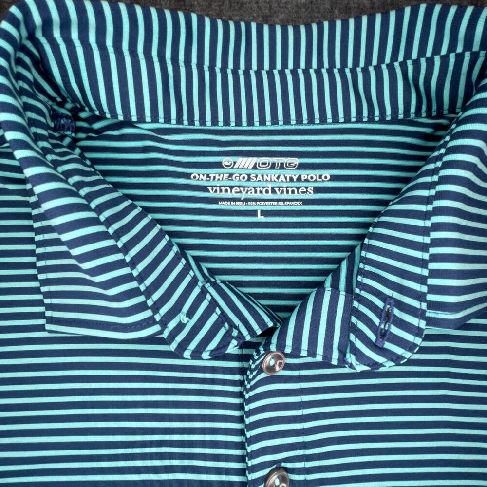 Vineyard Vines Large Golf Polo Sankaty Stripe Navy Teal Performance Stretch - Picture 4 of 13